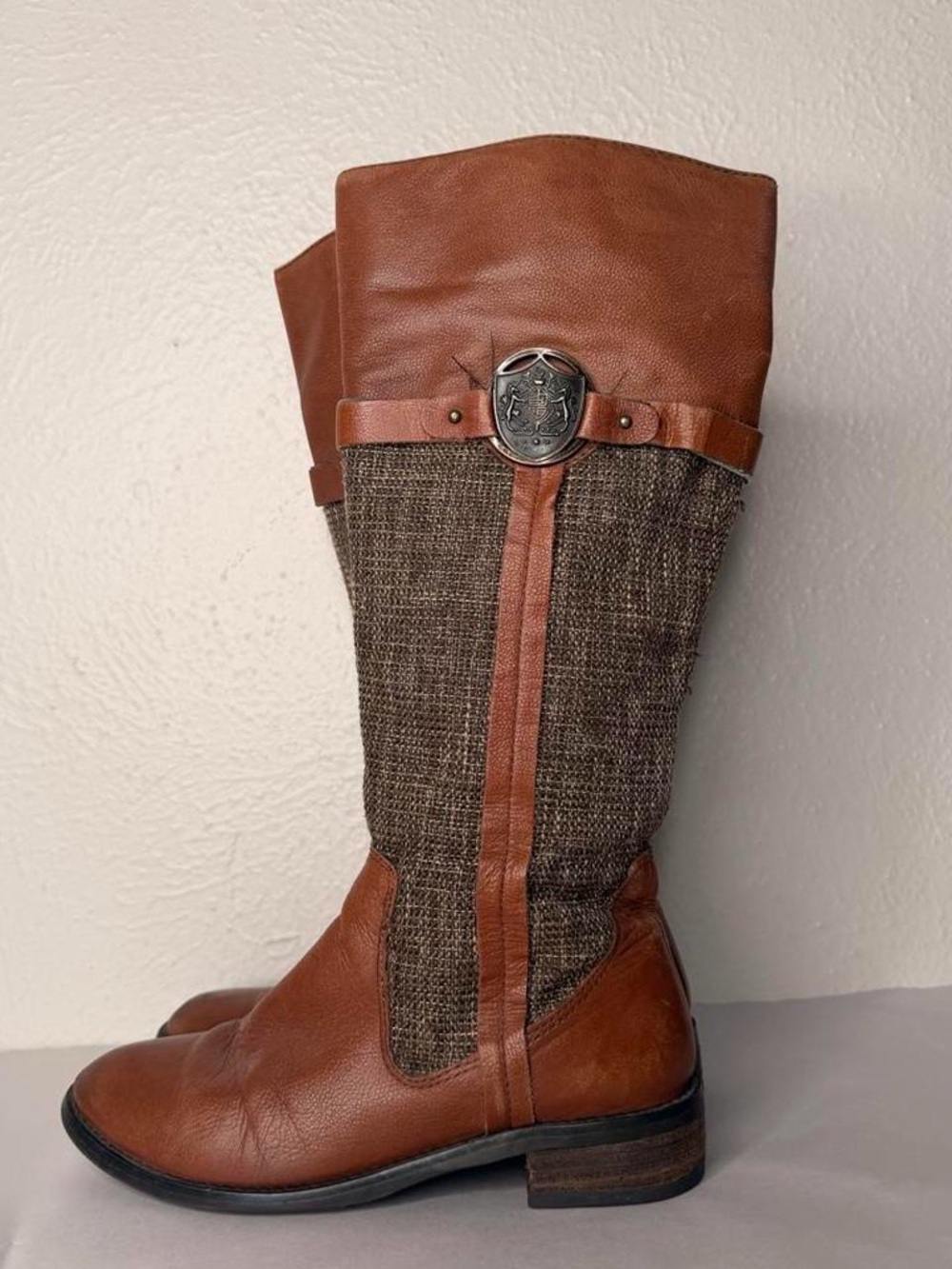 Michael Shannon knee high brown tweed panel boots